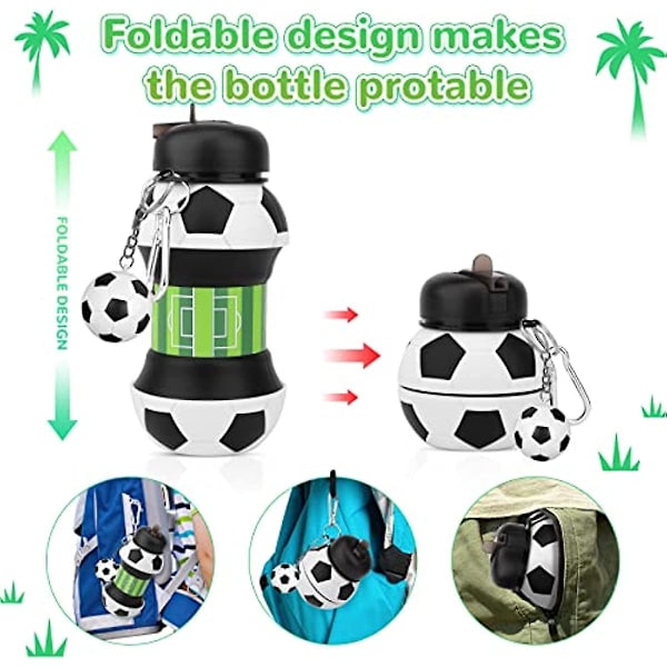 Fotballdinosaur Nøkkelring 550ml Sammenleggbare Vannflasker for Barn med Tut for Skole BPA-fri Lekkasjesikker Silikon Drikkeflaske for Jenter Gutter