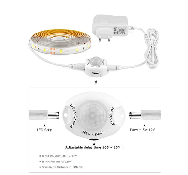 12V LED-stripe med bevegelsessensor, vanntett IP65 (5m, hvit)