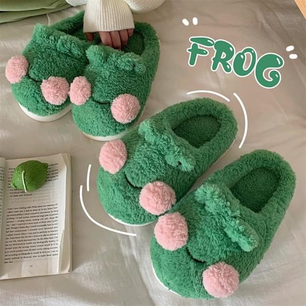 Søte frosketøfler for kvinner Kawaii lodne plysj sovesaltøfler fluffy hus slippers 37