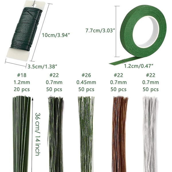Kukkakimppuasetelmasetti - Kukkateippi- ja kukkalankasetti, 6 rullaa kukkateippiä ja 220 kpl kukkalankaa (18/22/26 Gauge) kukkakimppuja varten