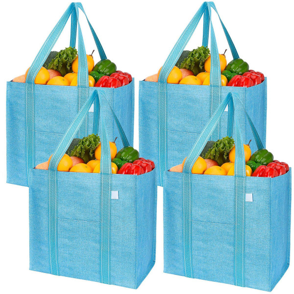 Set med 4 blå återanvändbara shoppingväskor och väskor, förstärkt bas, framficka, multifunktionell tygväska, kundvagnsväska, stående shoppingväska, Wat