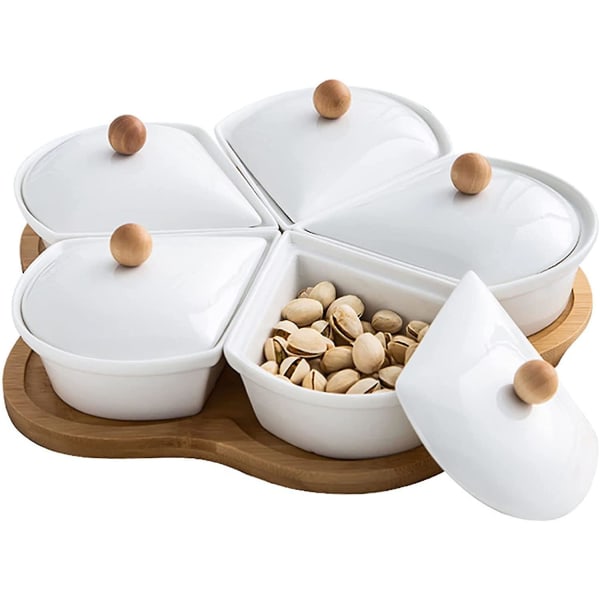 11 tommer keramiske serveringsfade med bambusbakke og låg, 5 aftagelige snackskåle, relish-bakke til slik, nødder, frugter, chips og dip