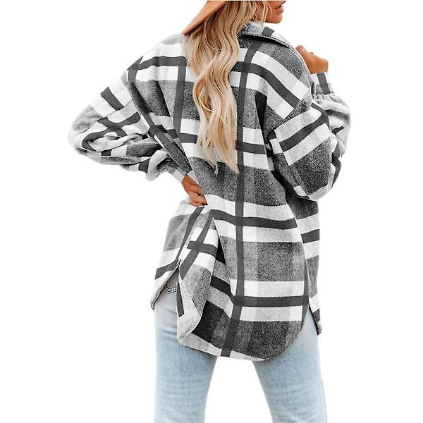 Dame Casual Plaid Langærmet Skjorte, Flannel Shacket Skjortejakker Black S
