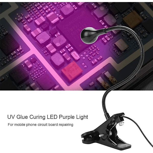 Stor svart LED UV-lampa med svanhals och klämma för UV-gel nagelhärdning, mobiltelefonreparation - 395nm, 5v USB-ingång