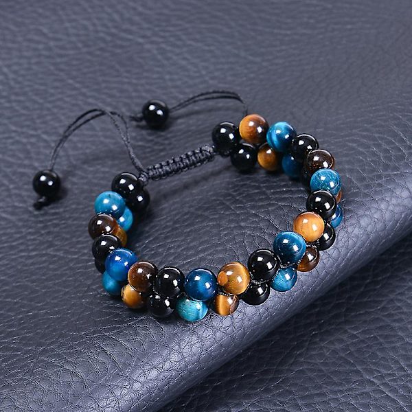 Naturligt tigeröga armband 8mm obsidian armband för män justerbart dubbla lager pärlarmband (lila tigeröga + svart magnetit + obsidian armband