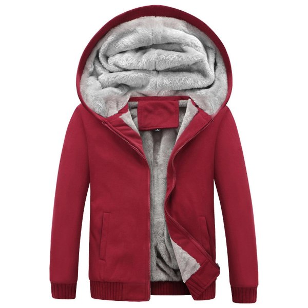 Vinterns tjocka fleece-tröja för män, plyschfodrad, öppen framtill, dragkedja, cardigan, huvtröja, enfärgad, för casual, ny 5XL Red
