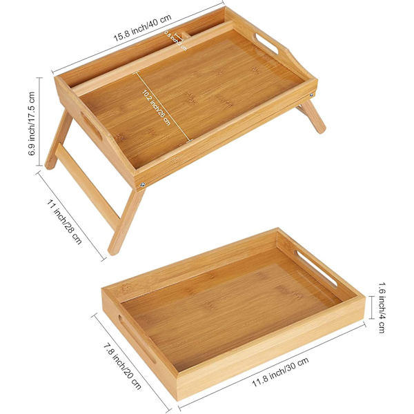 2-pack naturlig sängbordbricka med fällbara ben, frukostbricka med telefon- och surfplatthållare, bärbara serveringsbrickor med handtag, matbricka för
