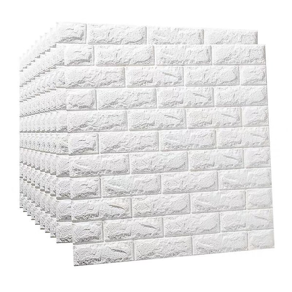 10 st 3D väggpaneler självhäftande, vita tegelstenar dra av och klistra på, tapeter för vardagsrum kök sovrum (vit, 5,2 m)