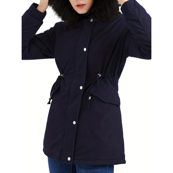 Fluffy Trim Varm Hættefrakke, Casual Snøre Langærmet Vinterovertøj, Dametøj Dark blue 3XL