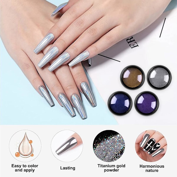 Nagelpulver Metall Spegel Mjöl Holografiskt Pigmentpulver Nagelkonst Dekoration Set 4 Lådor Set1