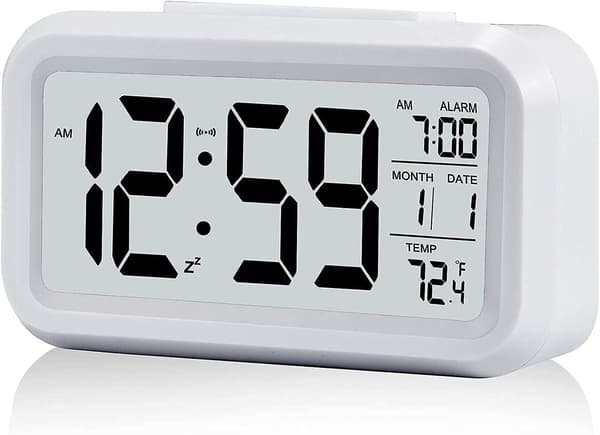 Digital väckarklocka morgon, tyst batteridriven stor LED-display temperaturkalender (vit)