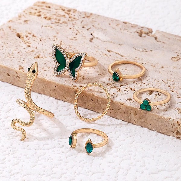6 Pices Papillon Vert Knuckle Crystal Snake-shape Ring Set Water Drop Imitation Emerald Finger Joint Stackable Ring Jewelry Pour Femmes Et Filles