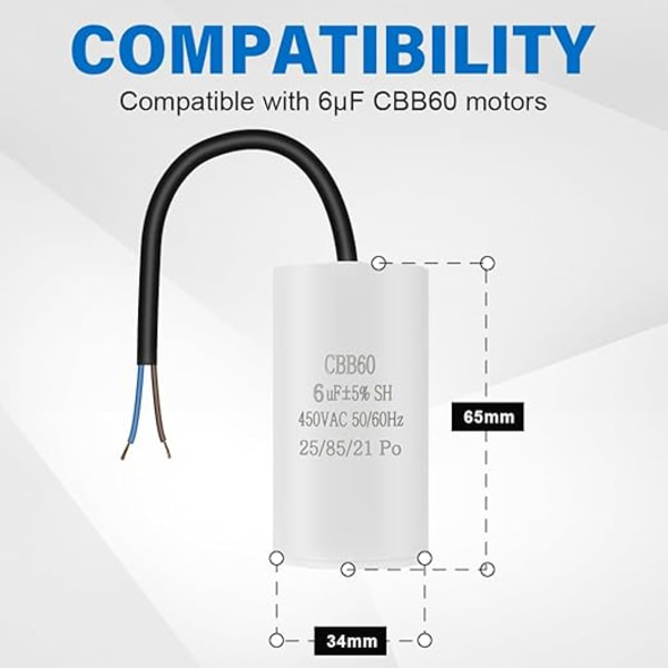 CBB60 startkondensator 6 μF, 450 VAC elektrisk motorkondensator, 50/60 Hz universell kondensator