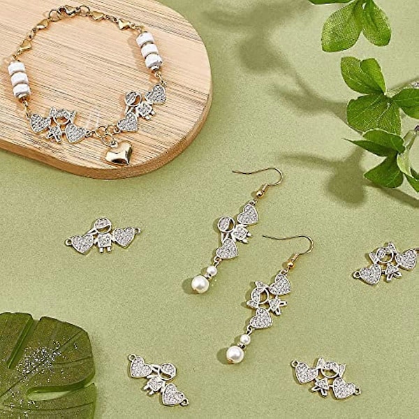 8 stk. 2 Stilarter Hjerte med Piger og Drenge Rhinsten Charms Messing Links Konnektorer Klare Cubic Zirconia Links Charm Guldbelagte CZ Sten Charms til Smykker