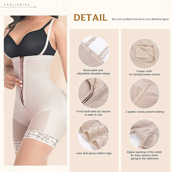 Feelingirl Shapewear för kvinnor, magkontroll Shapewear Body Fajas, helkroppsshaper för damer Shapewear Body med dragkedja i grenen, krok och dragkedja M