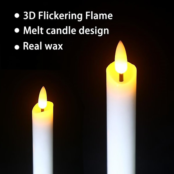 Flammeløse hvide kegleformede stearinlys med flimrende effekt, timer og 10-tasters fjernbetjening, batteridrevet LDE varm 3D væge lys til vindue gul
