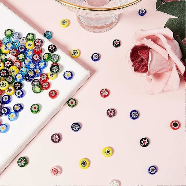 5 Strängar 6mm Millefiori Lampwork Glaspärlor Platta Runda Distanspärlor för Smyckestillverkning