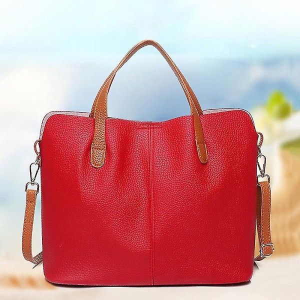Kvinnor 2 i 1 PU Läder Shopper Tote Väska Stor Axelväskor Crossbody Väska Red
