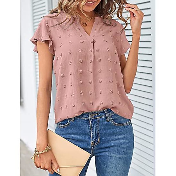 Dame Sommer V-hals T-shirt, Flæse Kortærmet Top Pink 2XL