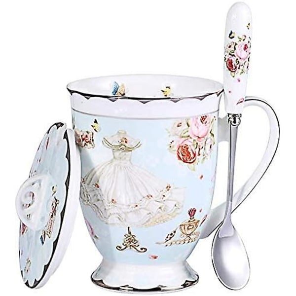Art Style Bone China Tea Cup med lock för frukost och kök Rose Fjärilar 11,5x8,7 cm