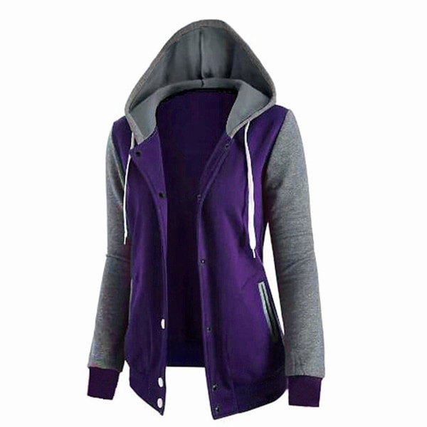 Sweatshirt til kvinder Patchwork Hætte Langærmet Firdobbelt-knap Top Jakke M Purple