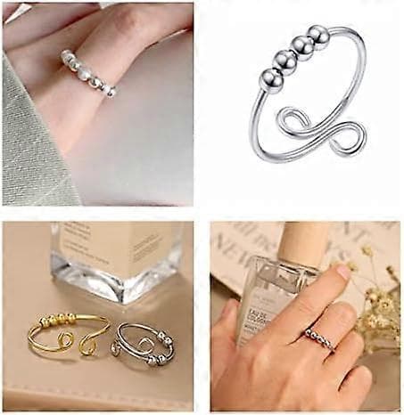 Pcs Angstring Perle Ring Bånd Stabelring Anti Stress Ring Tynd Stabelring til Kvinder Mænd til Kvinder Justerbare Åbne Ringe (Guld og Sølv)