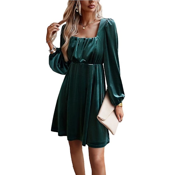 Dame Fløjlskjole med Firkantet Hals, Vintage Kjole med Lange Ærmer Green M