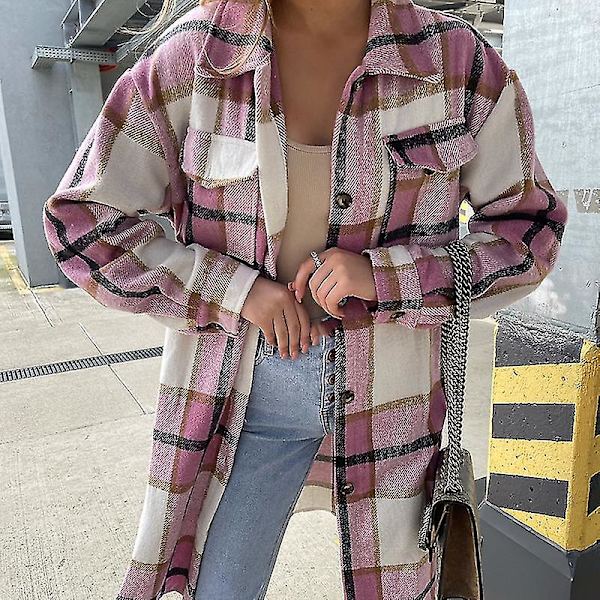 Uformell lang damekåpe med krage, knapper, brystlomme og rutete trykk, åpen front 2XL Pink