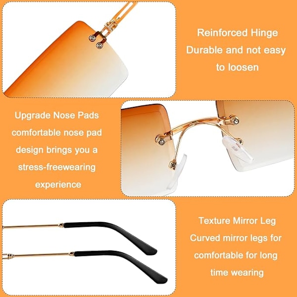 harp Rektangulære Rimless Solbriller, 4 stk. Retro Rektangulære Rimless Solbriller til Kvinder Mænd - Firkantede Rimless Solbriller