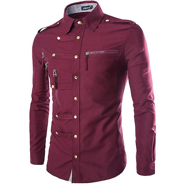 Herr Slim-fit långärmad, Fashion Casual långärmad skjorta Red M