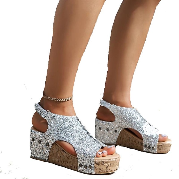 Sandaler Damer Tyk Sål Retro Sandaler Damer Sequin Nitter Velcro Sandaler Silver EU 38