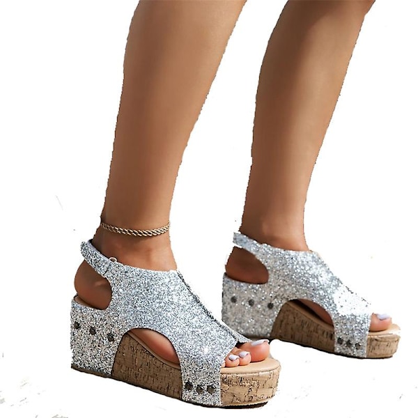 Sandaler Damer Tyk Sål Retro Sandaler Damer Sequin Nitter Velcro Sandaler Silver EU 42