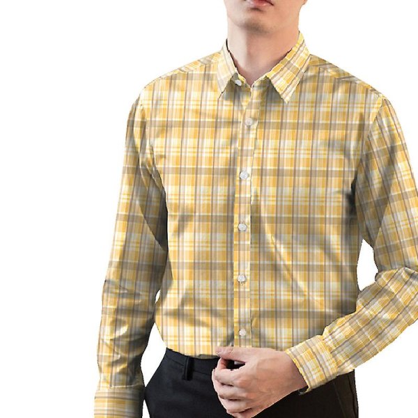 Slim-fit långärmad skjorta för män, skjortor med knappar för män Yellow L