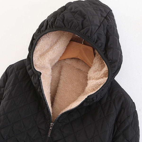 Hettejakke for kvinner, plysjfôr, cellequiltet kort jakke med glidelåslukking 2XL Black