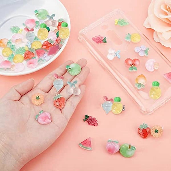 96 st 16 Stilar Frukter Resin Cabochons Transparent Frukt Flatback Pärlknapp Imitation Mat Skivor för DIY Scrapbooking Utsmyckningar Telefonskal Hår