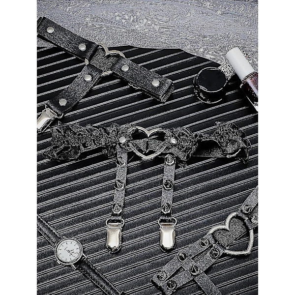 6-delad hjärtstrumpebandsset med nitar, hjärtstrumpeband i spets, lårring i konstläder, justerbart benstrumpeband, punk gotiskt strumpeband med myra