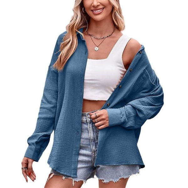 Kvinner Casual Langærmet Skjorte, Løstsittende Skjorte Topper med Krage Blue XL