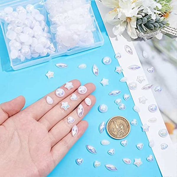 400 stk. Hvide Perle Cabochons 5 Stilarter Akryl Halve Perleperler AB Cremefarvet Hvide Håndværksperler Uigennemsigtige Flatback Perler