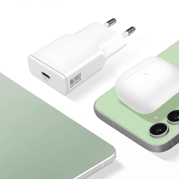 USB-C Sector Oplader GaN 20W Kompakt Format + USB-C Kabel 60W, Hvid