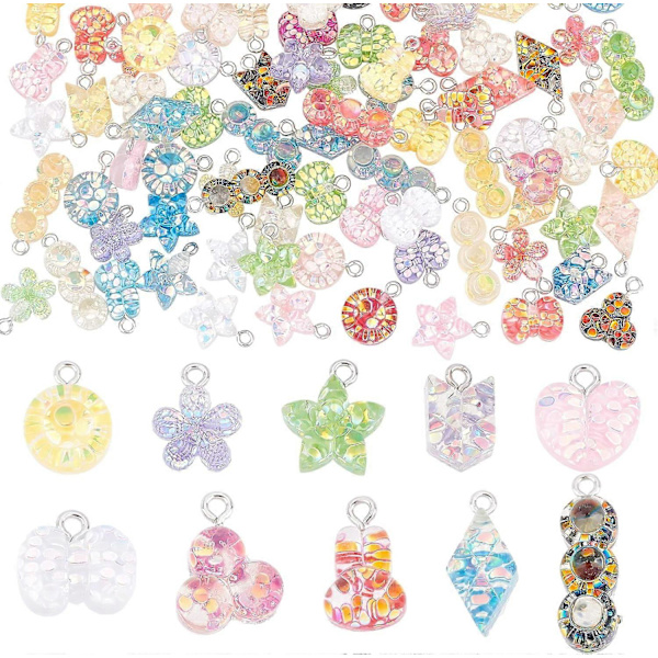 100 stk. Blomster Charms Hjerte Stjerne Vedhæng Sommerfugl Charms 10 Stilarter Farverige Epoxy Resin Charms Søde Charms Sequin Vedhæng Chunk Charms til DIY Nøglering