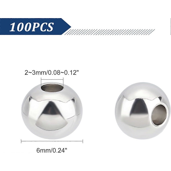 100 st 6mm Runda Distanspärlor Rostfritt Stål Lösa Pärlor Metall Små Hål Distanspärlor Slät Yta Pärlor Fynd