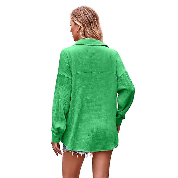 Dam Casual Långärmad Skjortor, Lös Passform Krage Skjorta Toppar Green XL