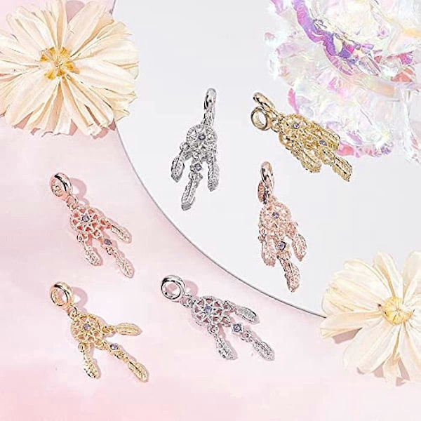 18 st Dreamcatcher Tanzanit Rhinestone Pärla Hänge Fjäder Vingar Berlock Tibetansk Filigran Hänge Hål: 4,5 mm