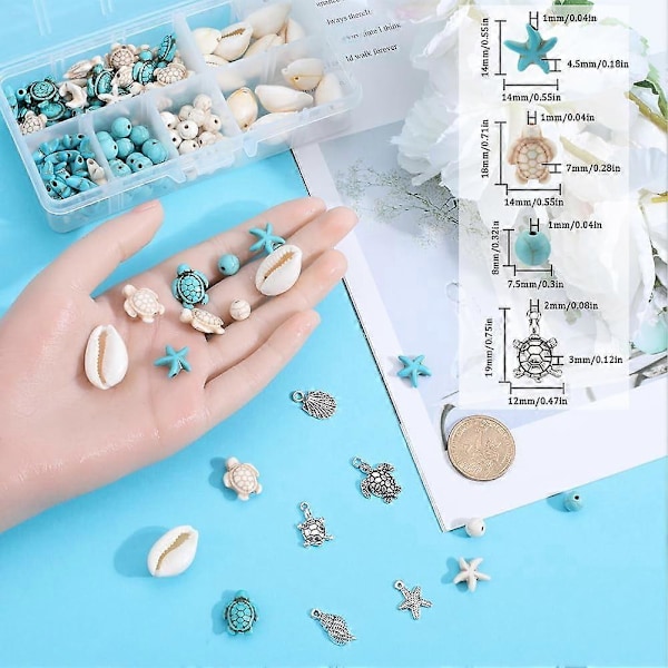 1 Ask 170 st Sköldpadds Pärlor Boho Stil Sötvattenspärlor Bulk Blå Vit Syntetisk Turkos Havssköldpaddor Pärlor Charms Hawaii Skal Pärla Rund Lös Distans B