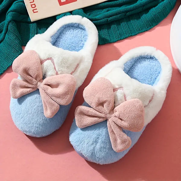 Kawaii Sløyfe Fuzzy Hjemmesko, Lukket Tå Myk Såle Plysj Flatsko, Vinter Varme Hjemmesko Sky Blue EU37 38