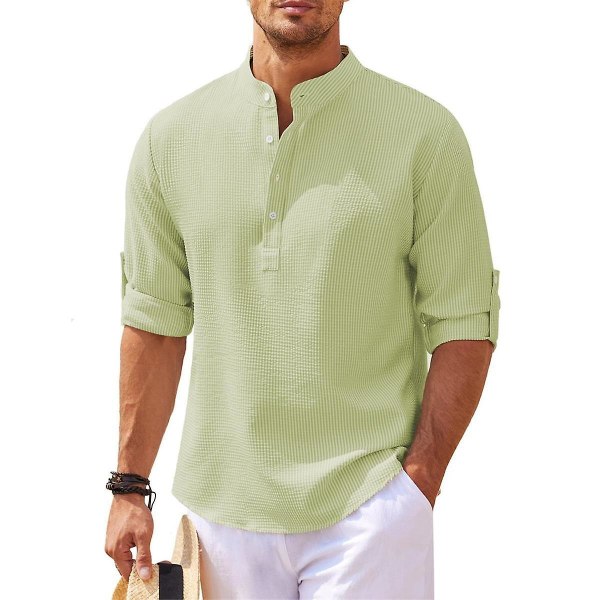 Høy kvalitet, langærmet skjorte med stående krage for menn, casual Green 5XL