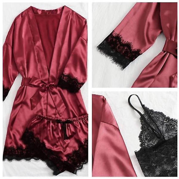 Dame 4-delt Pyjamas Satin Pyjamas Sett Med Morgenkåpe Red XL