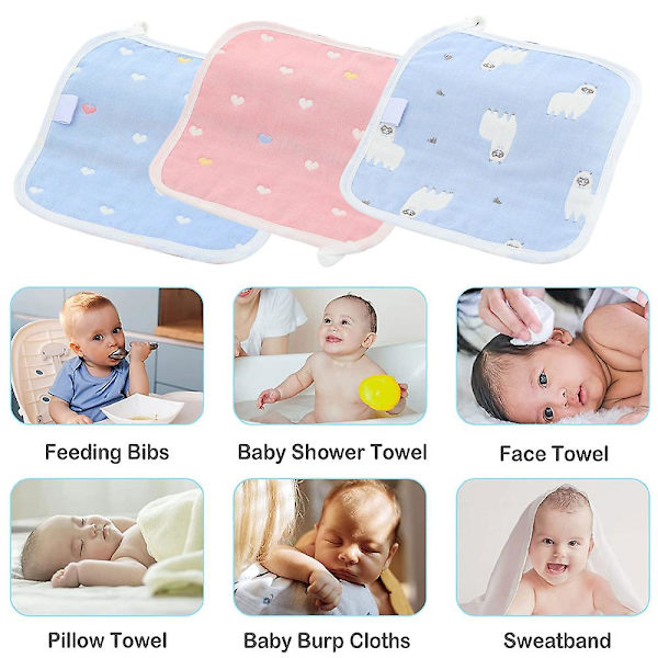 6-delt Baby Savleklud, 6-lags Baby Håndklæde, Gaze Firkantet Håndklæde Vaskeklud, Dobbeltsidet Mønster Set3