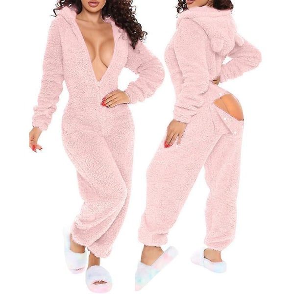 Kvinnors sexiga djup V-ringad bodycon jumpsuit pyjamas långärmad romper nattkläder Pink XL