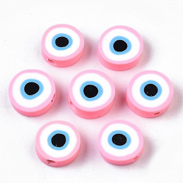 50 kpl käsintehtyjä polymeerisavihelmiä, litteitä pyöreitä, paha silmä, vaaleanpunainen, 10,5~12,5x3,5~4,5 mm, reiän koko: 1,5 mm